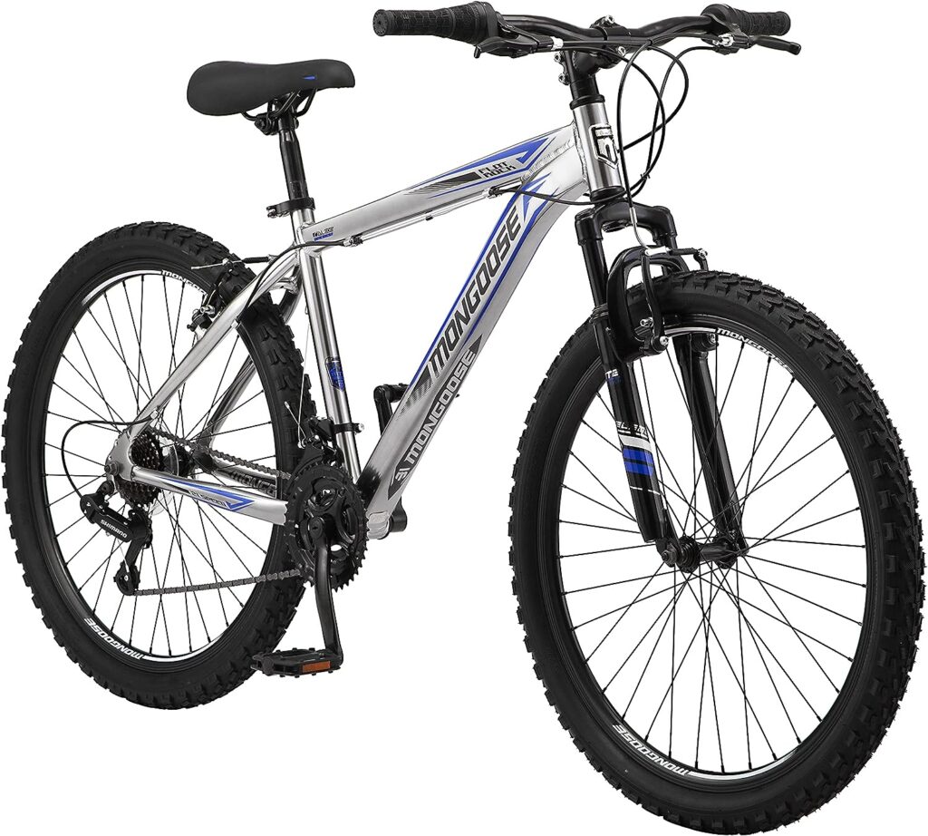 Mongoose Flatrock Youth/Adult Hardtail Mountain Bike, 24 to 29-Inch Wheels, 21-Speed Twist Shifters, 14.5 to 18-Inch Lightweight Aluminum Frame
