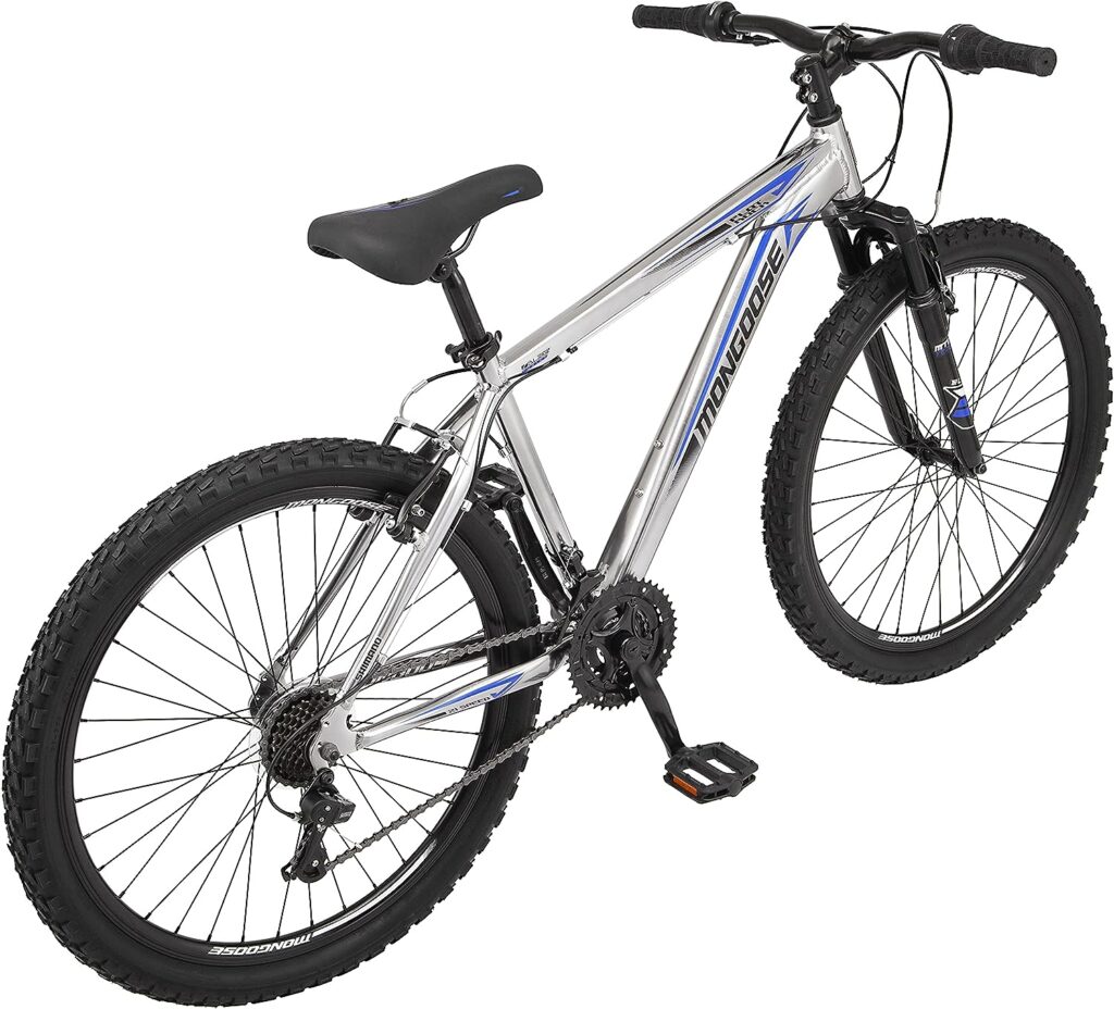 Mongoose Flatrock Youth/Adult Hardtail Mountain Bike, 24 to 29-Inch Wheels, 21-Speed Twist Shifters, 14.5 to 18-Inch Lightweight Aluminum Frame