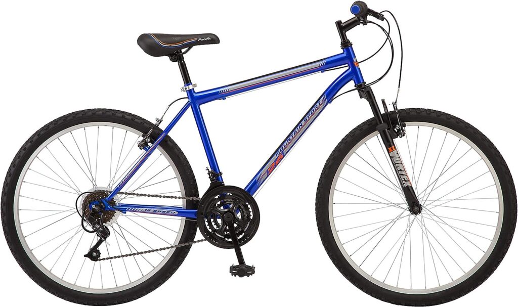 Pacific Mountain Sport Youth and Adult Hardtail Mountain Bike, Mens and Womens, 24-26-Inch Wheels, 18 Speed Twist Shifters, Front Suspension, Steel Frame
